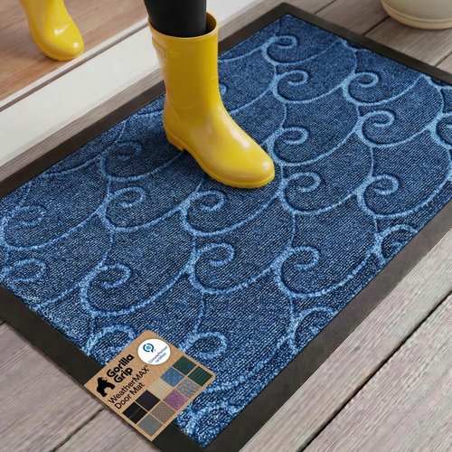 GORILLA GRIP Waterproof All-Season WeatherMAX Doormat | 35x23 Natural Rubber, Stain & Fade Resistant, Ocean Blue Waves
