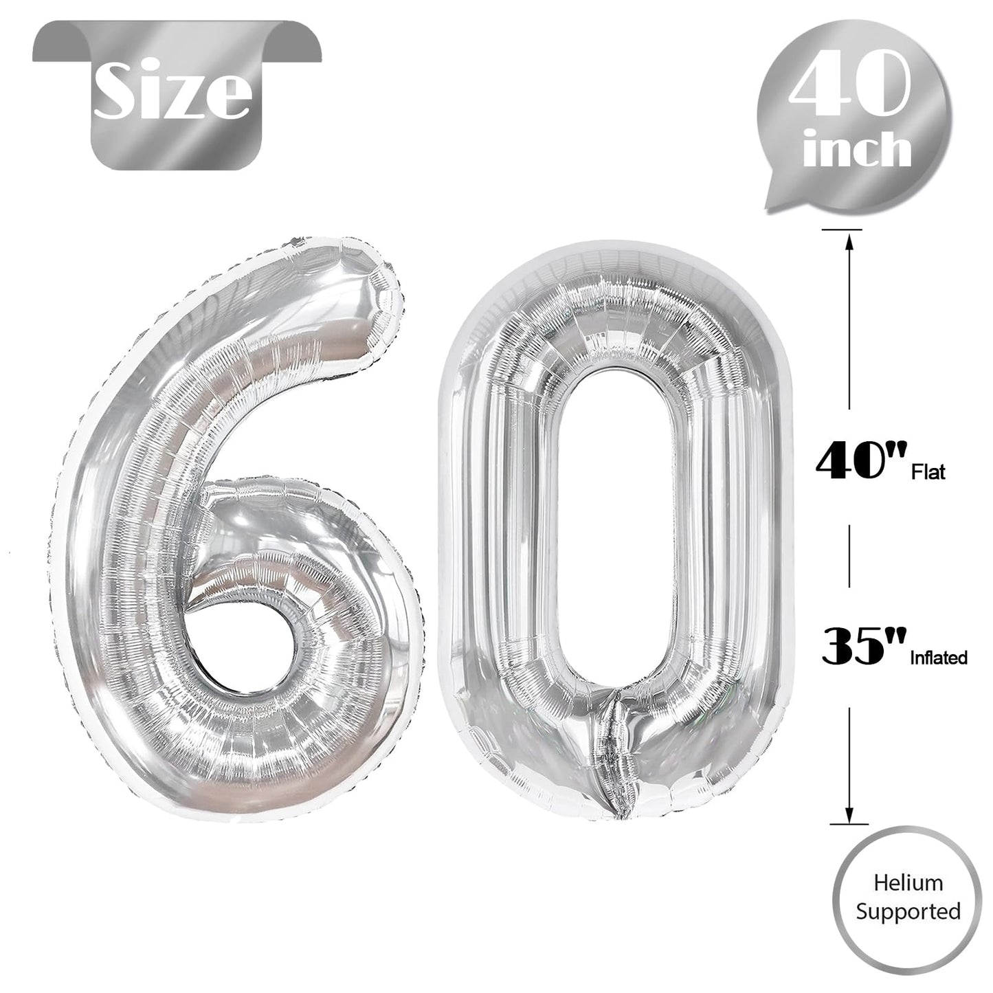 Silver Number 60 Balloon 40 Inch, 60th Birthday Party Decorations for Children, Giant 60 Foil Balloon for Party Supplies