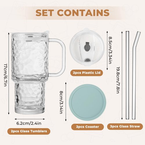 INNGOSAE 17oz Water Glass Tumbler with Handle & Lid, Reusable Iced Coffee Cups with Straws – Set of 2, Glass Cups Travel Mug for Beverages,Smoothies, Juice, Coffee, Tea