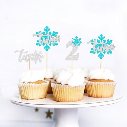 Ercadio 24 PCS Blue Snowflake Cupcake Toppers - Glittery Picks for Winter Onederland Theme Party