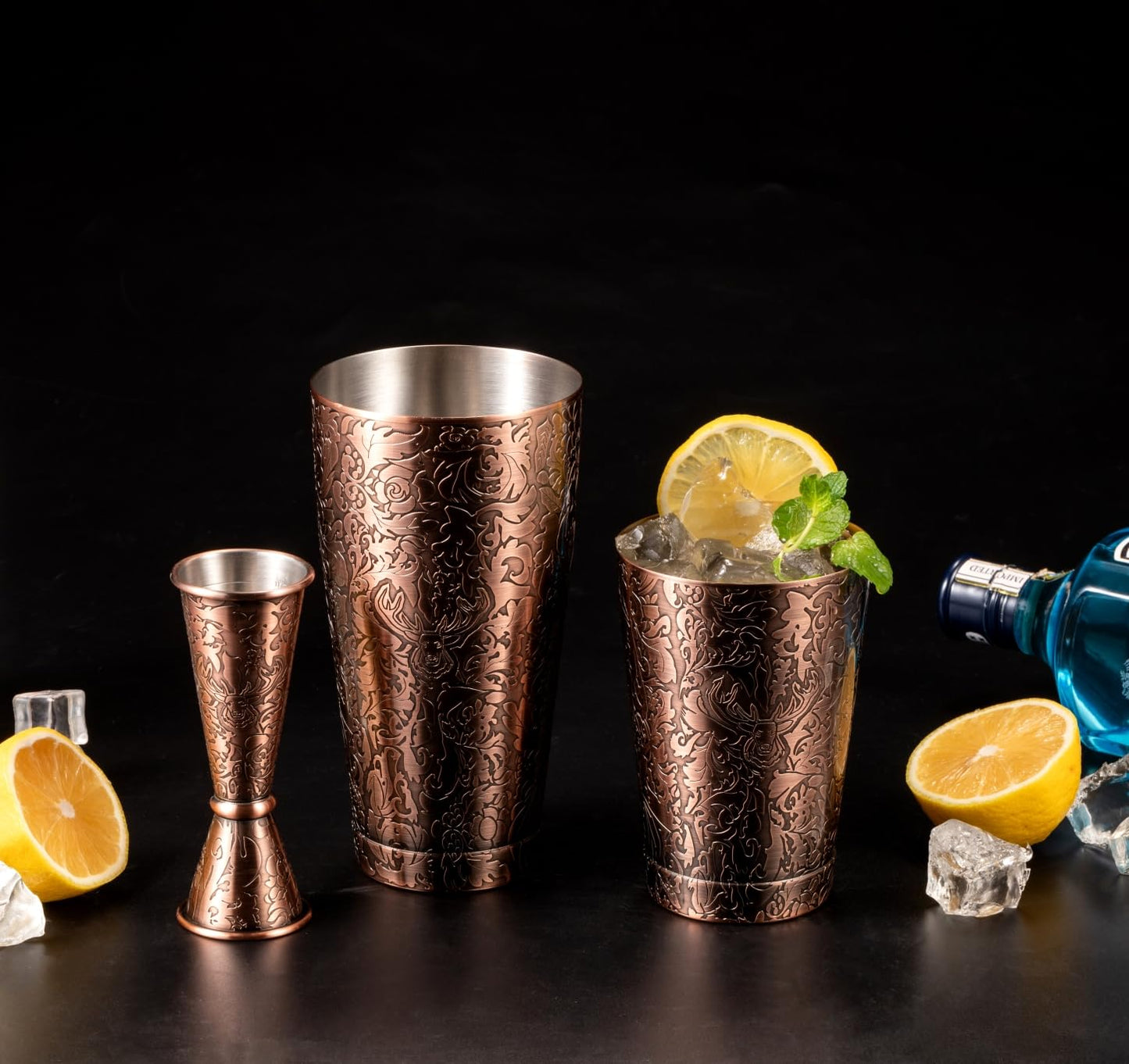Sky Fish 3D Etched 18-Piece Bartender Kit Stainless Steel Boston Cocktail Shaker Set Copper Plated Bartending Tools Suit for Bar Tools Set Mixology Enthusiasts, Professional Bartenders and Home Drink
