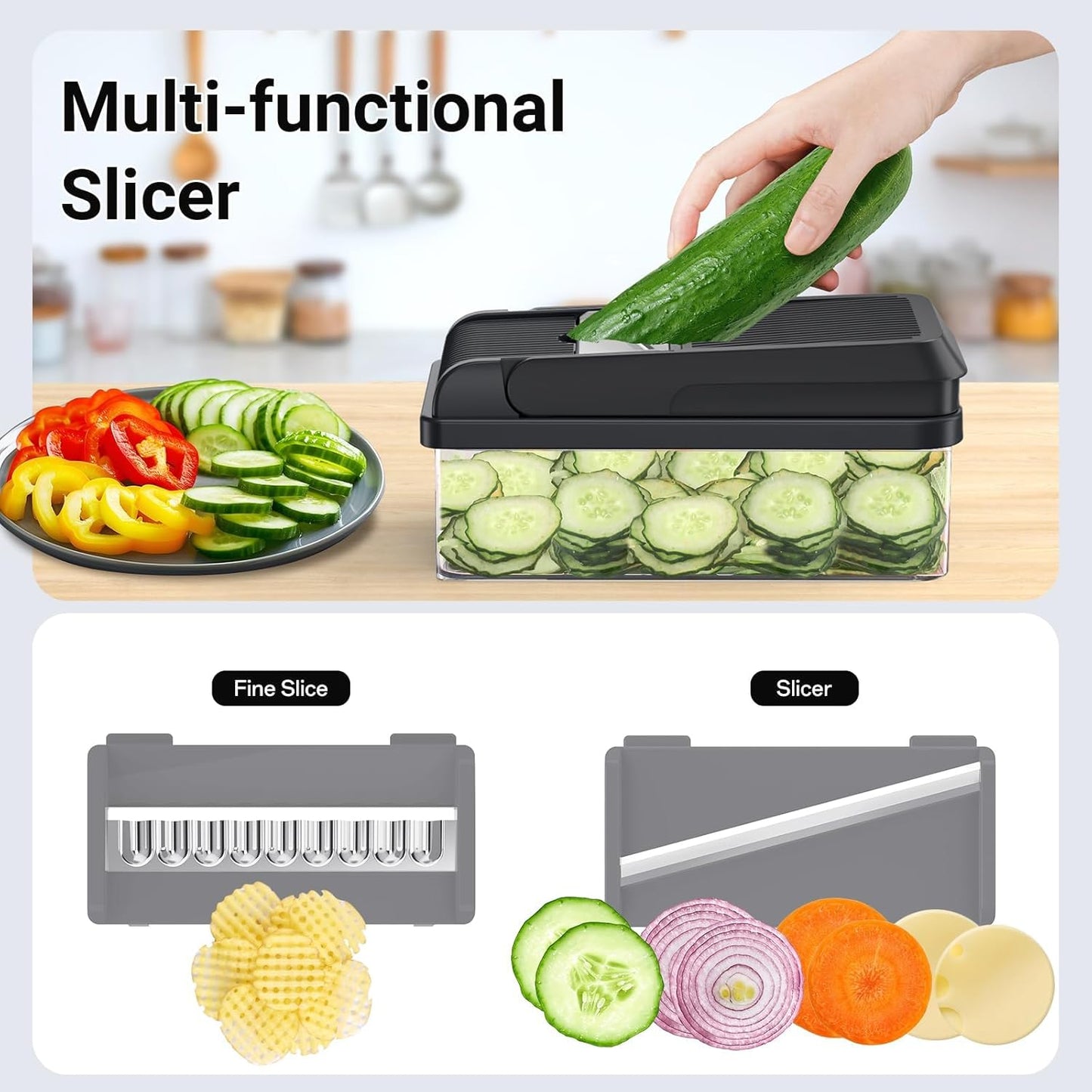 SpaceHacks 12-in-1 Vegetable Chopper - Versatile Kitchen Gadget with 7 Blades & Egg Separator | Gray