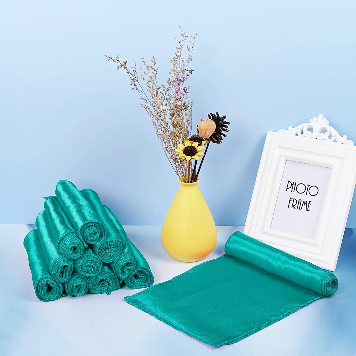 Light Blue Satin Chair Sashes 10-Pack - 7x108 Inch Adjustable Wedding & Party Bows