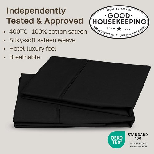California Design Den King Size Pillowcase Set - 400 Thread Count 100% Cotton Sateen, Soft & Breathable - Black