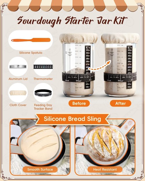 Complete Sourdough Starter Kit - Easy to Clean for Beginners | Includes Proofing Basket, Sling, Jar & More