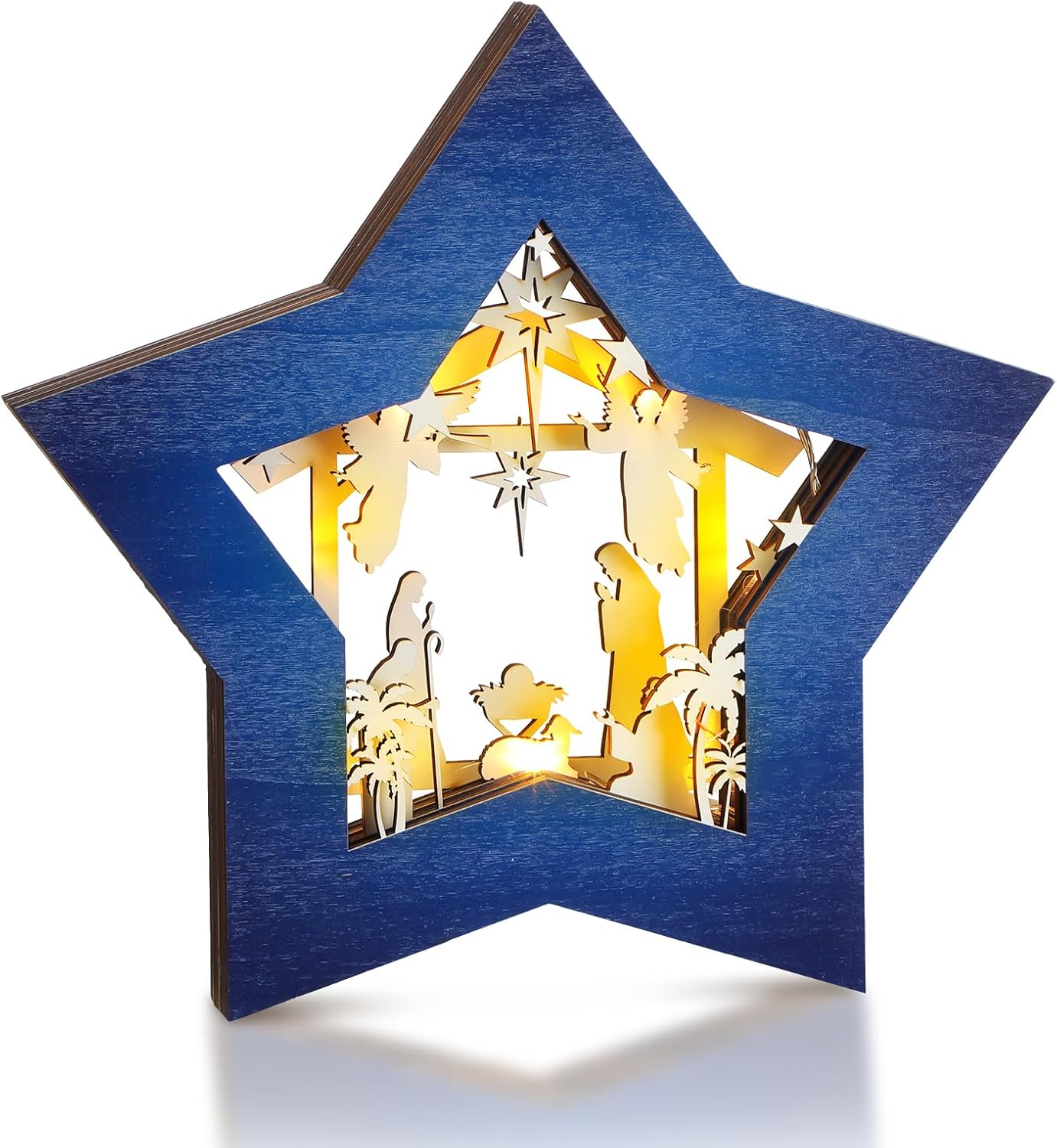 Wooden Nativity Scene Set - Rustic Christmas Tabletop Decoration with LED Light | Blue & White