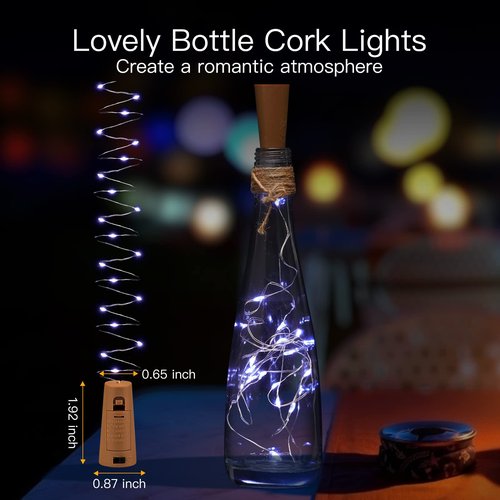 Brightown Wine Bottle Lights with Cork, 10 Pack 20 LED Waterproof Battery Operated Cork Lights, Silver Wire Mini Fairy Lights for Liquor Bottles DIY Party Christmas Wedding Décor, Pure White