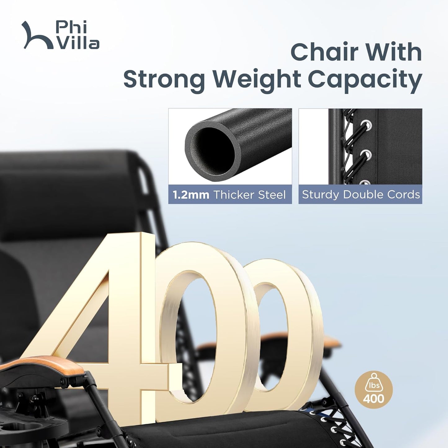 PHI VILLA XXL Oversized Padded Zero Gravity Chair - Foldable Patio Recliner with Cup Holder | Supports 400 LBS (Black)