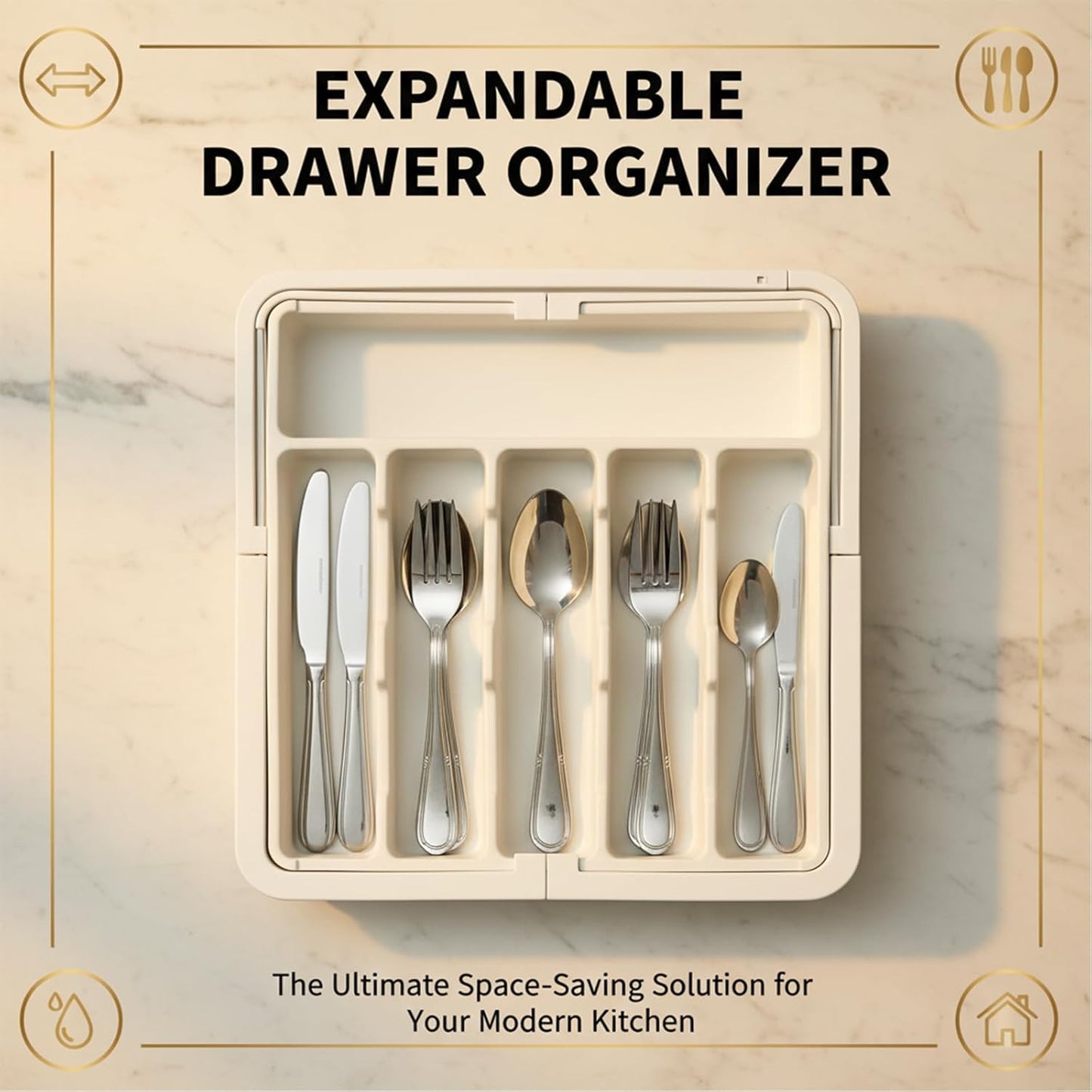SakerPlus Expandable Drawer Organizer - Adjustable Kitchen Tray for Cutlery & Utensils | Silver Finish