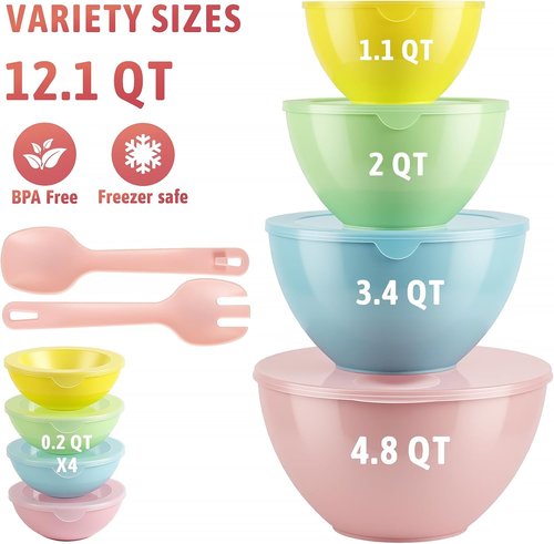 16-Piece Plastic Mixing Bowls Set by [Brand Name] - Nesting Bowls with Lids, 2-in-1 Spoon-Fork, Dishwasher & Microwave Safe
