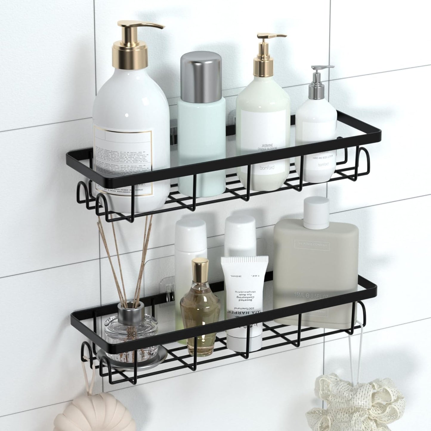 Shower Caddy Organizer - Self-Adhesive Bathroom Shelves with Hooks | No Drilling, 2-Pack Black