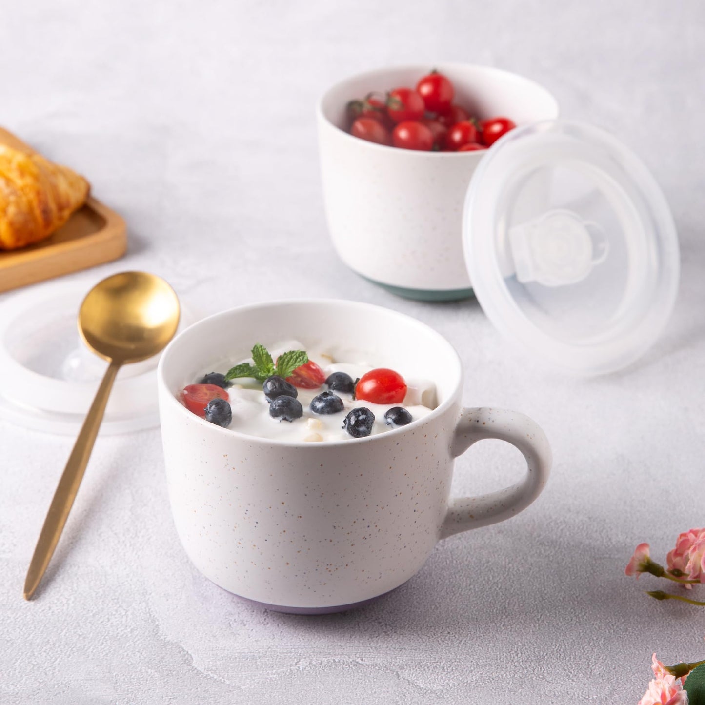 AmorArc Ceramic Soup Mugs with Lid, 32 oz Large Soup Cups with Hanlde for Coffee, Cereal, Salad, Noodles, Tea, Soup Bowls Cups, Microwave&Dishwasher Safe, Set of 2 (Purple & Green, 32oz - Set of 2)