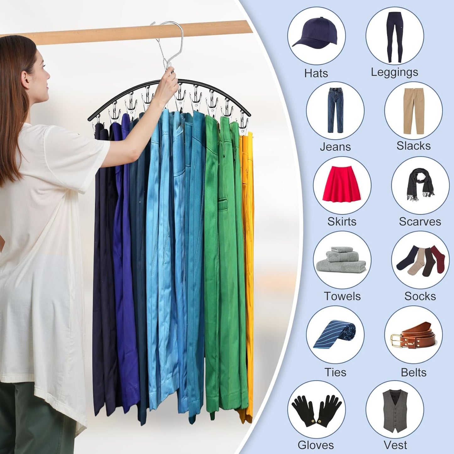 Skiennix 3-Pack Skirt Pants Hangers - Space-Saving Closet Organizer with 10 Clips for Leggings & Shorts | Black