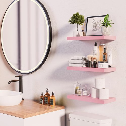 BAYKA Pink Floating Wall Shelves - Set of 3, 15.7in Wood Shelves for Stylish Home Organization