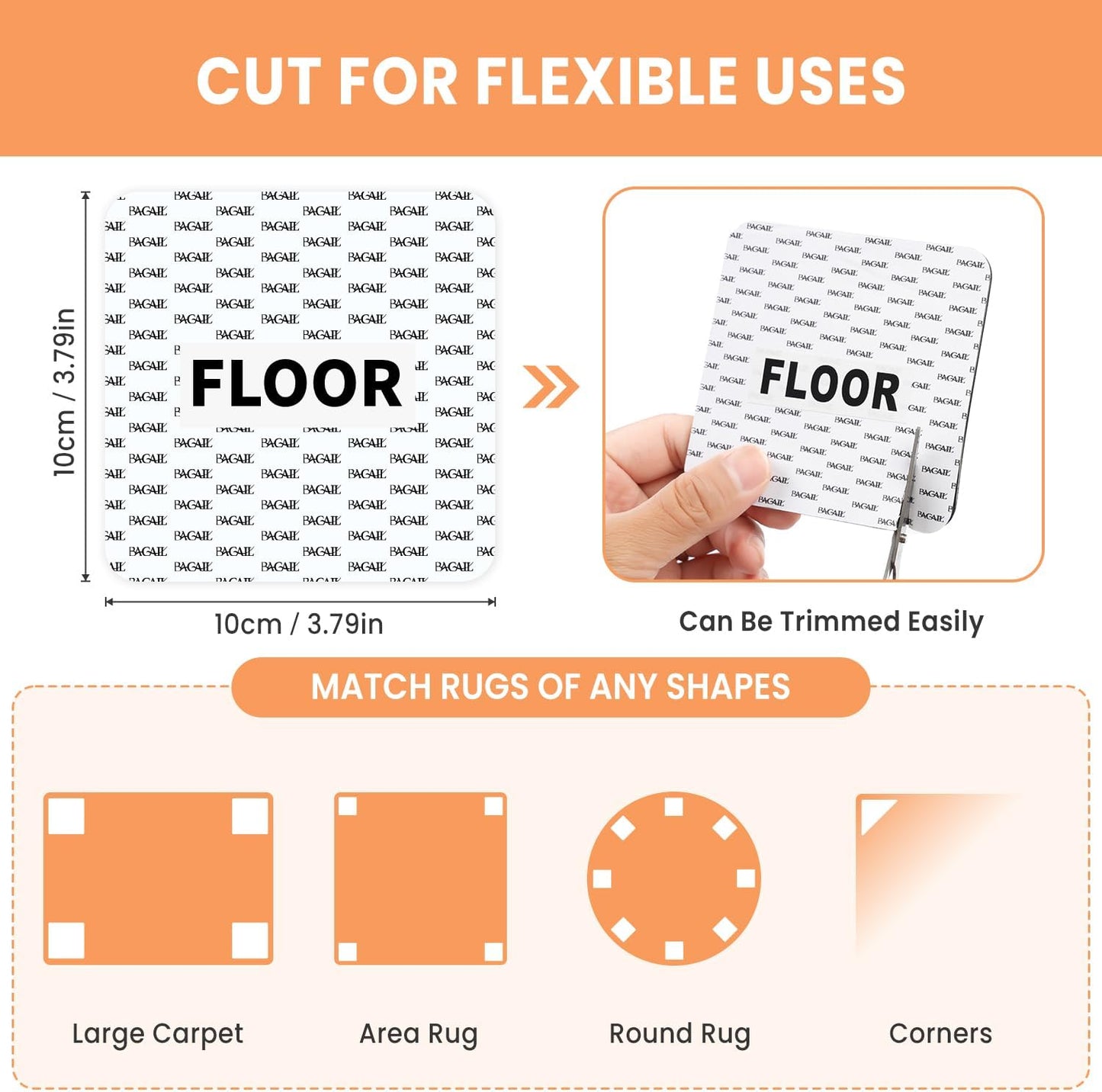 BAGAIL Non-Slip Rug Grippers - 4 Reusable Double-Sided Adhesive Corner Pads for Hardwood & Tile Floors | 4x4in