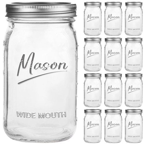 Galssmagic Mason Jars 32 oz,12 Pack Quart Wide Mouth Mason Jar With Airtight Lids,Glass Canning Jars for Fermenting, Pickling,Meal Prep,Overnight Oats & Centerpieces