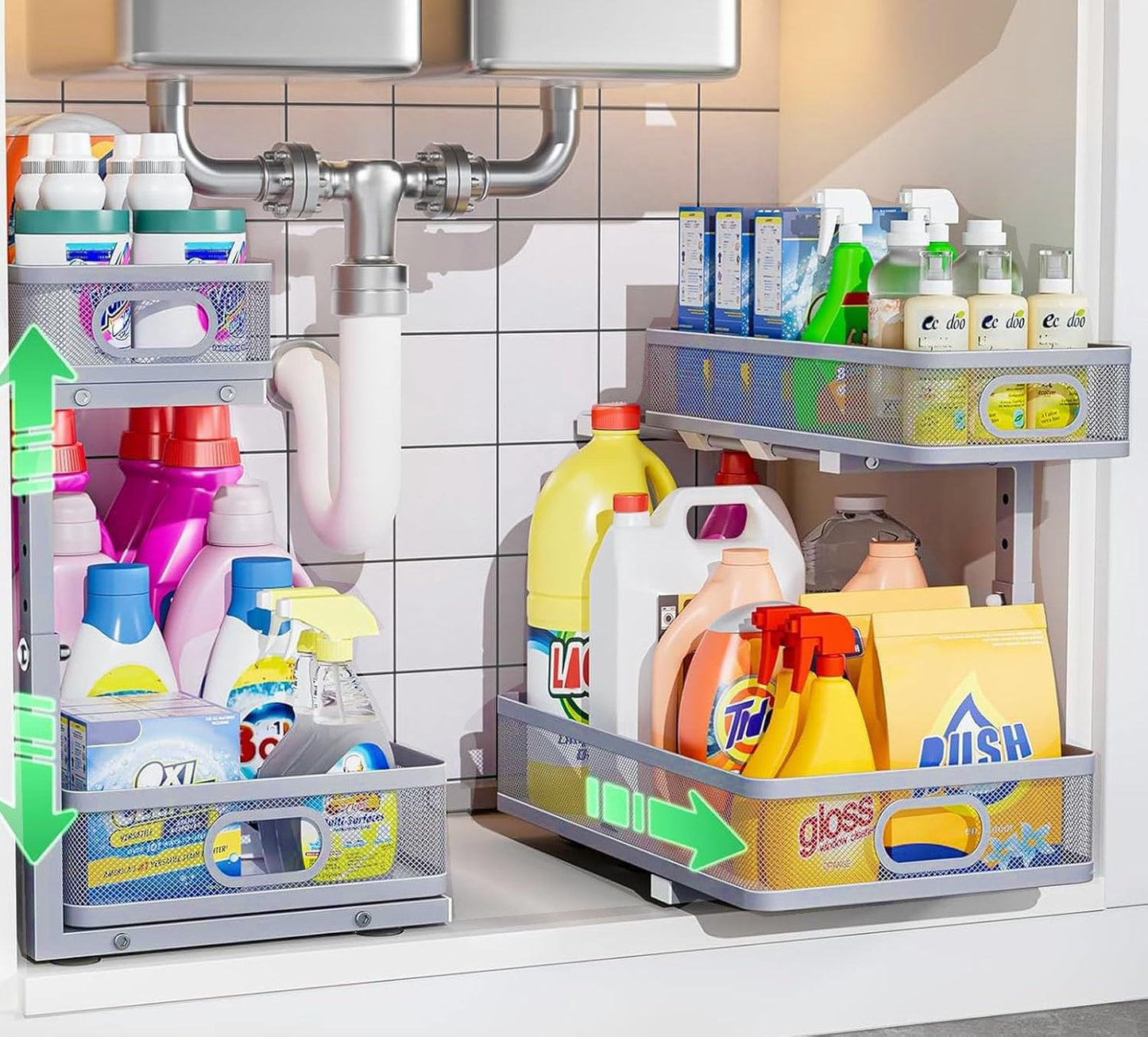 Under Sink Organizer - Adjustable 2-Tier Storage Solution | 2-Pack Metal Pull-Out Drawers for Kitchen & Bathroom