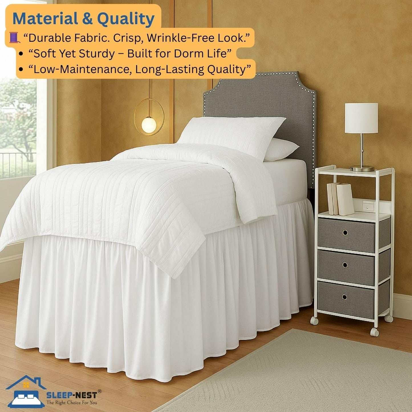 SLEEP-NEST Twin XL Dorm Bed Skirt - 42” Extra Long Drop, Platform Style - Dust Ruffle Bed Skirt, Wrinkle-Resistant, Hidden Storage Solution, Easy Fit for College Dorm Beds - White