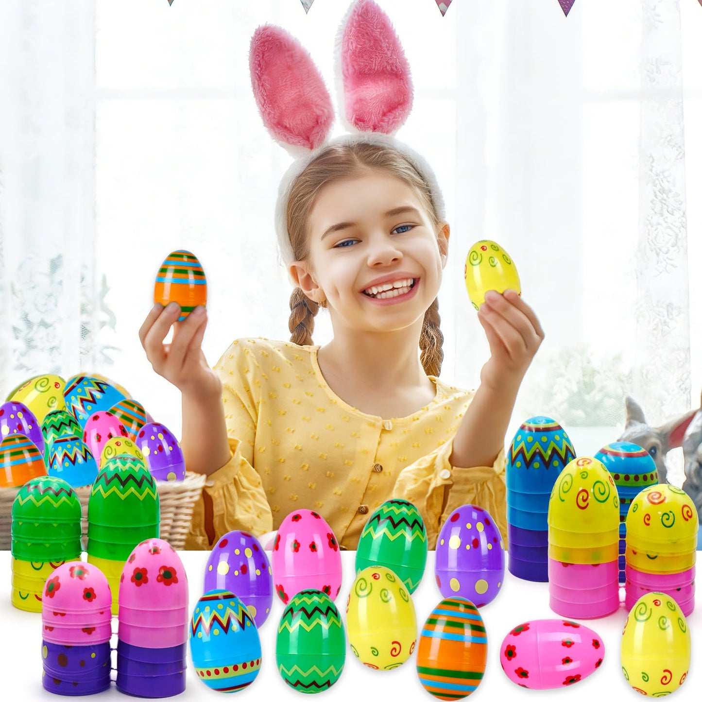 ZICZLI 48 PCS 3" Large Printed Plastic Easter Eggs, Empty Fillable Bright Colorful Eggs Bulk for Easter Egg Hunt Filling Treats Basket Stuffers Easter Party Favors
