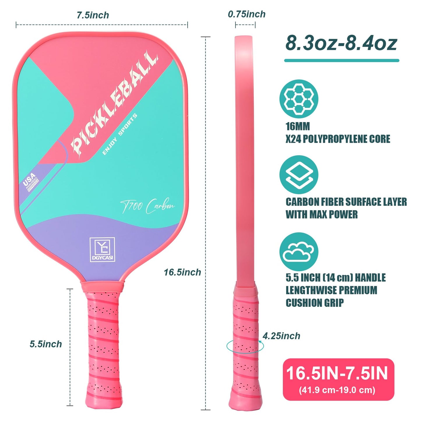 YC DGYCASI 16mm Pickleball Paddles Professional, USAPA Approved, T700 Carbon Fiber Pickleball Paddle Thermoformed, High Grit & Spin, 5.5” Elongated Handle, Handle Girth 4.25”, 8.3oz, with Cover Case