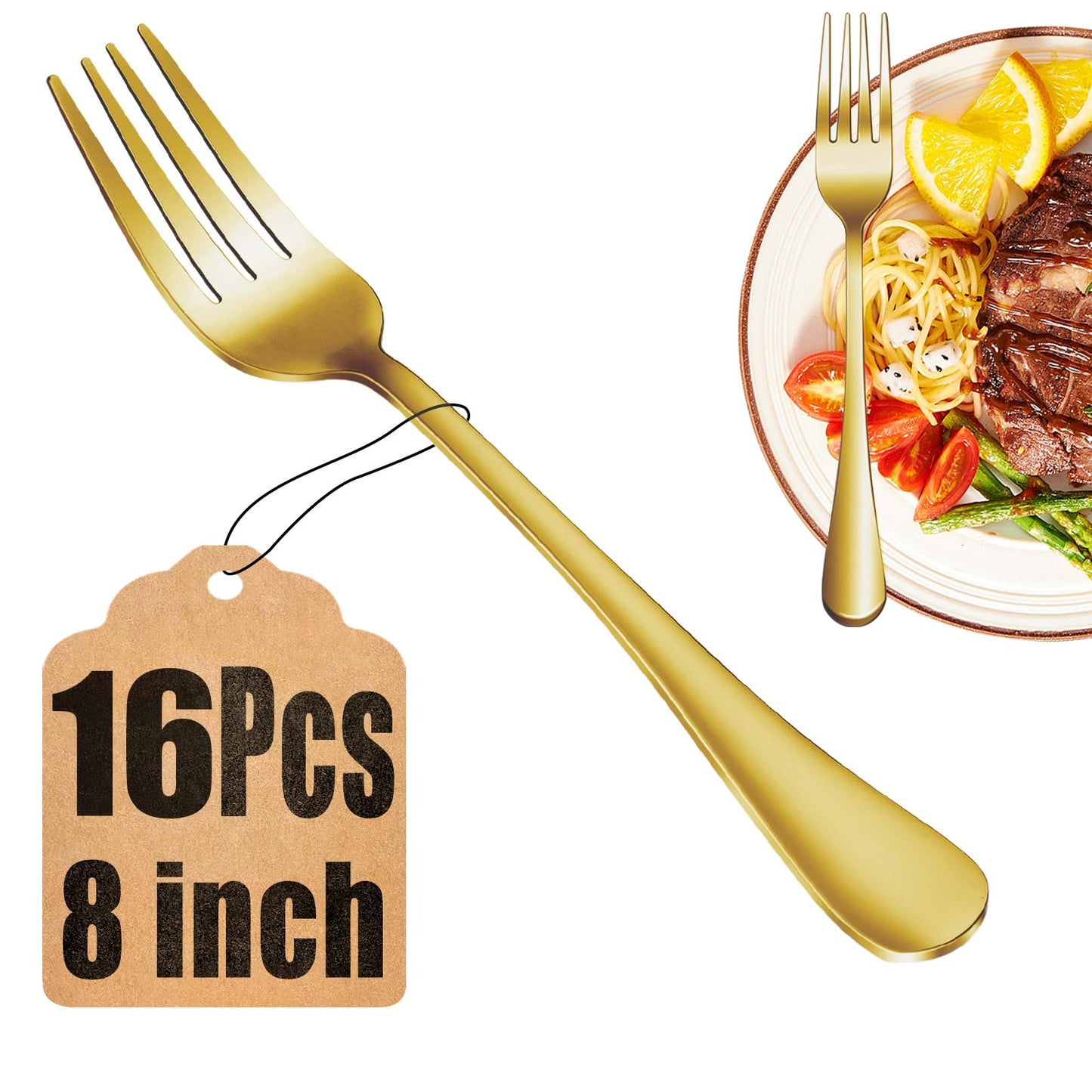 16 Piece Gold Dinner Forks Set, Food-Grade Stainless Steel Silverware Forks, Cutlery Fork, Metal Fork for Home, Kitchen or Restaurant, Mirror Polished, Dishwasher Safe - 8 Inch