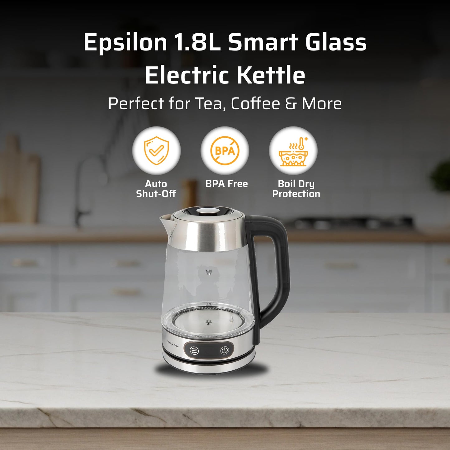 Epsilon 1.8L Glass Electric Kettle – Hot Water Tea Kettle with Borosilicate Glass & Stainless Steel, Auto Shut-Off, Fast Boil 1100W Electric Teapot, BPA-Free, Cool Touch Base