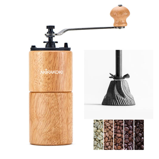 AKIRAKOKI Manual Coffee Bean Grinder Wooden Mill with Cast Iron Burr, Large Capacity Hand Crank, Portable Travel Camping Adjustable (light)