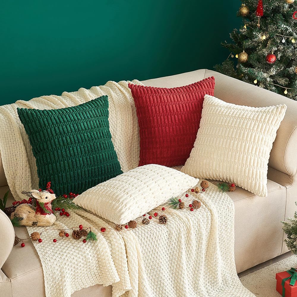 MIULEE Corduroy Throw Pillow Covers - Soft Boho Striped Design | 18x18 Inch Cream White for Modern Home Decor