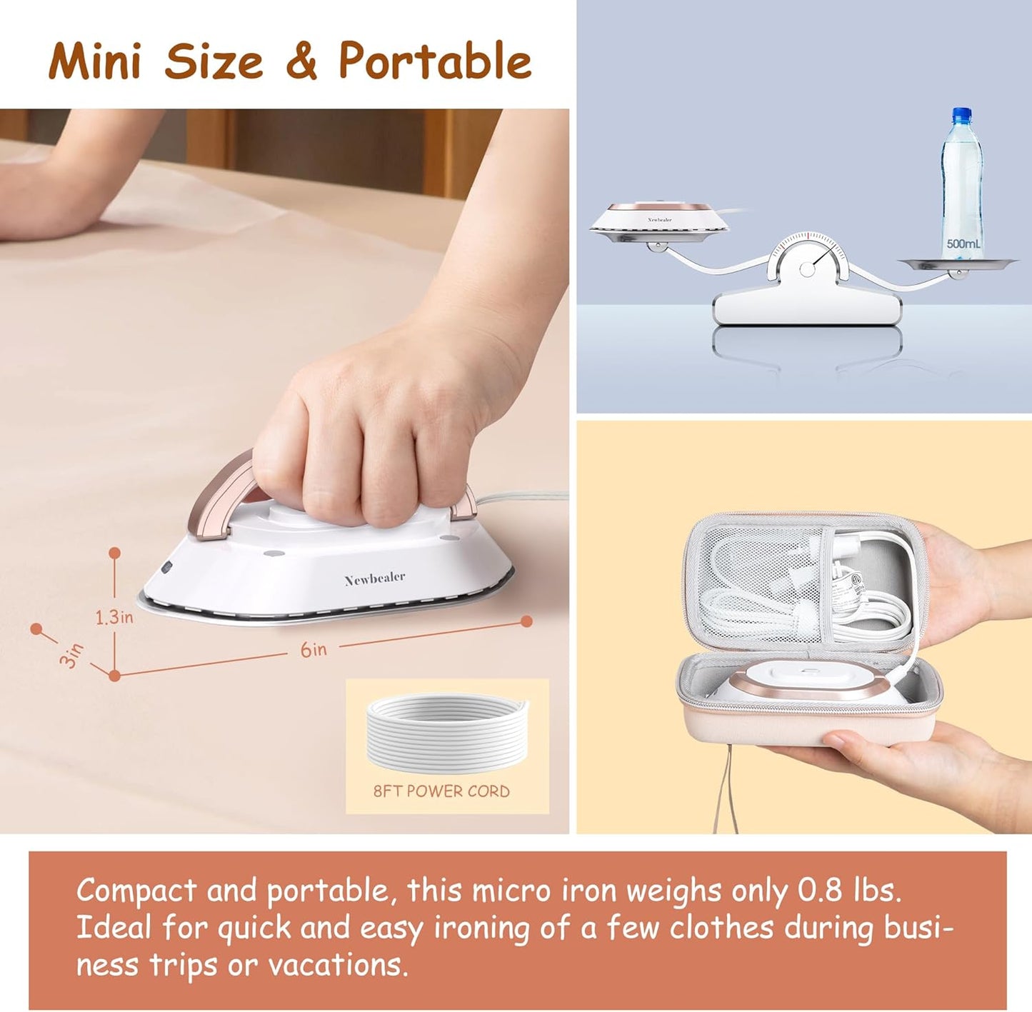 Newbealer Travel Iron - Mini Dry Iron with Global Voltage, 300W, Non-Stick Ceramic Soleplate, Gold
