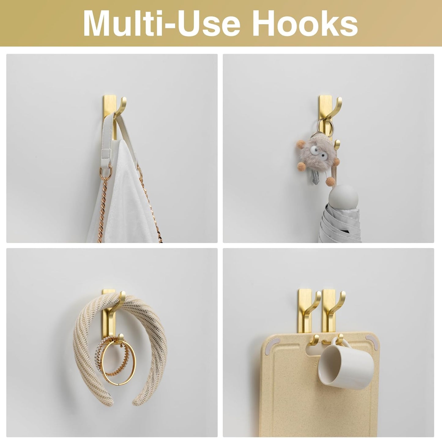 Pickpiff Adhesive Wall Coat Hooks - Heavy Duty Metal Stick-On Hangers for Towels, Bags & Clothes - Gold, 6 Pack