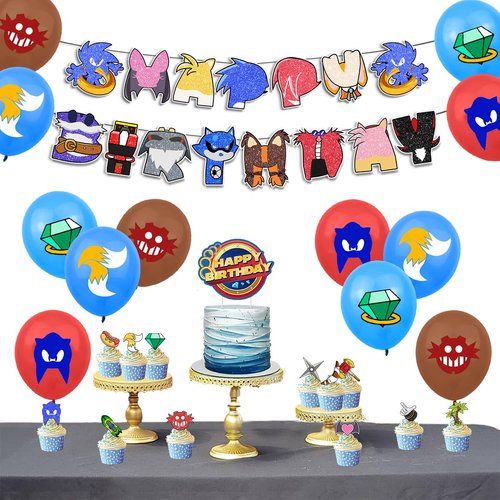 Blue Hedgehog Party Decorations,Blue Hedgehog Birthday Supplies Include Birthday Banner,Balloons,Cake Topper and Cupcake Toppers