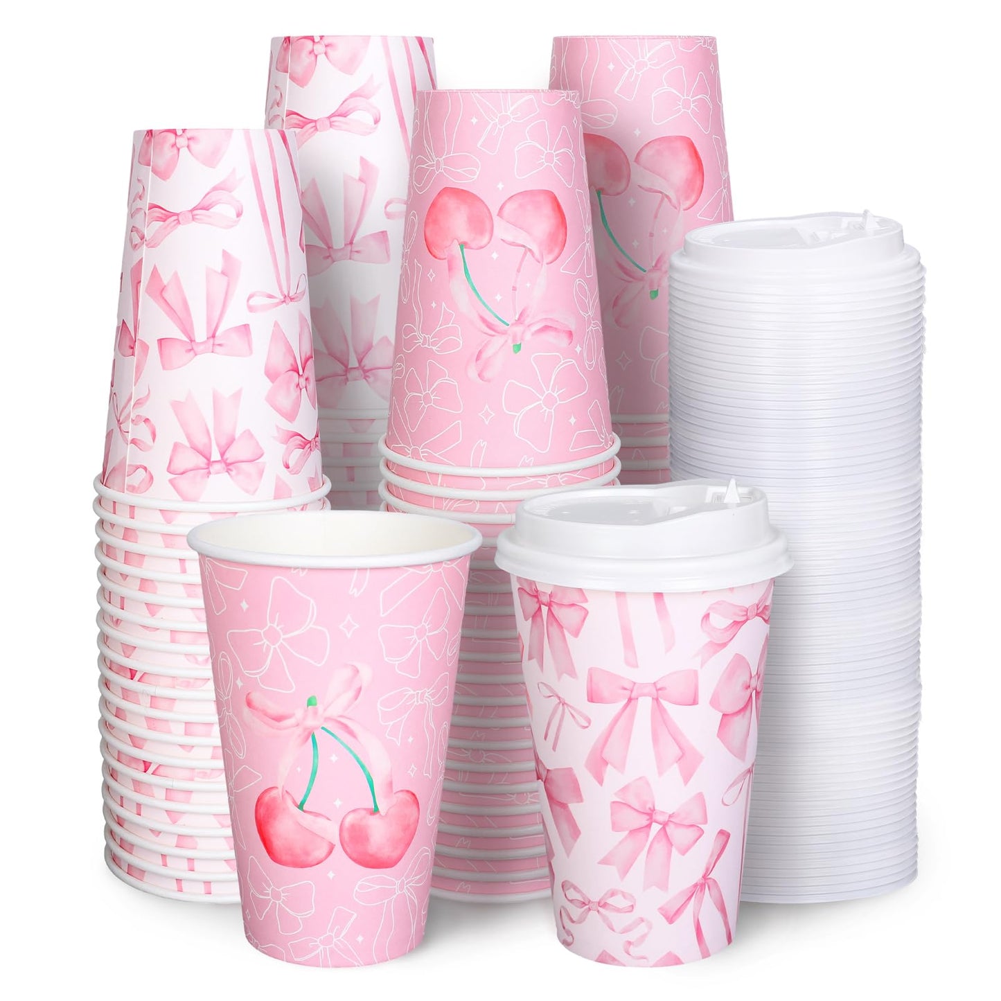 FYSUIMU 50 Pcs Pink Bow Coffee Paper Cups Cherry Bowknot Coquette 16 Oz Disposable Cups with Lids for Hot Cold Drinks Birthday Baby Shower Bachelorette Party Supplies, 2 Designs
