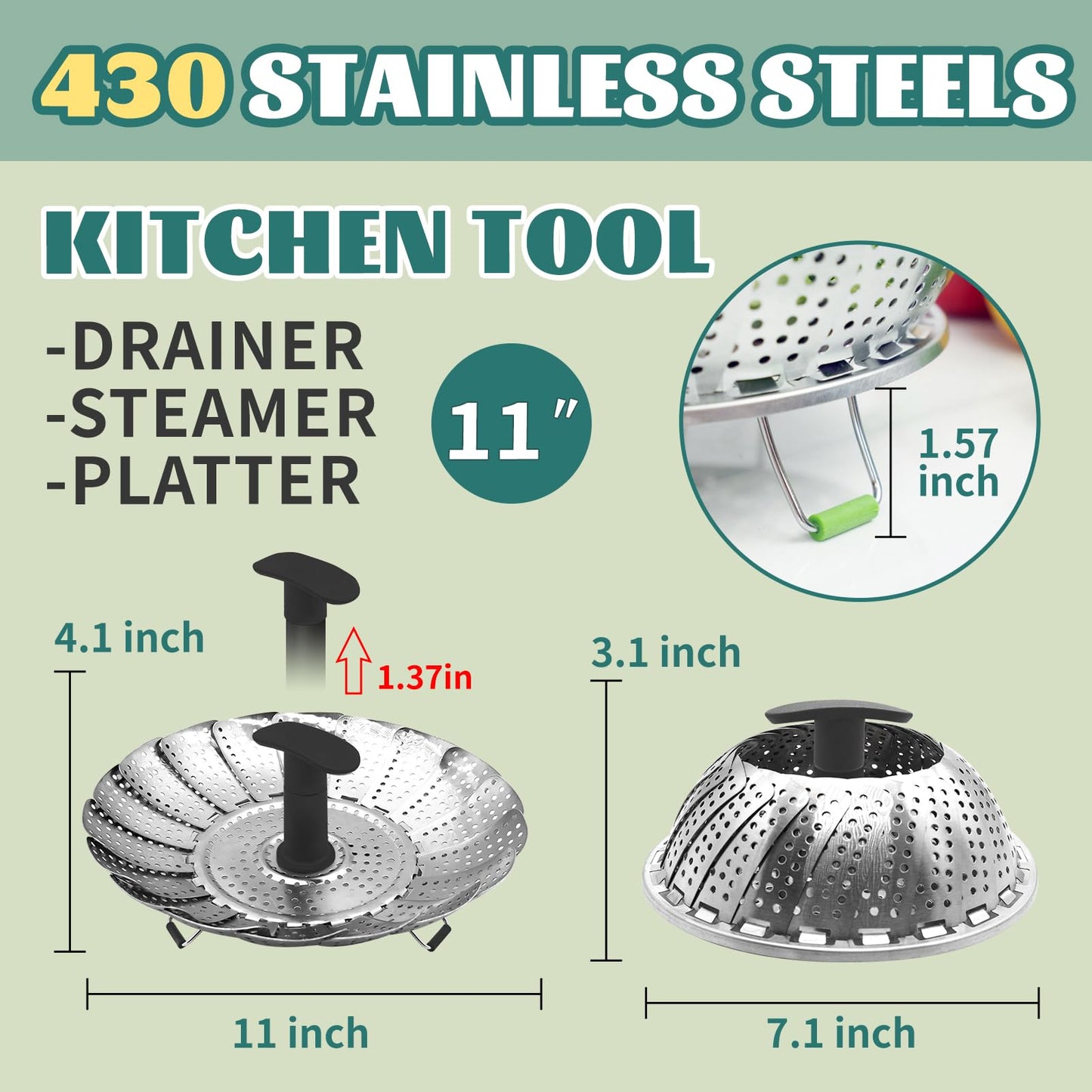 AGIgear Vegetable Steamer Basket,Stainless Steel Steamer Basket,Folding Expandable Steaming Vegetable/Fish/Seafood Steaming Pot Insert Fits Various Size Pot(6.5"to11") (Black11)