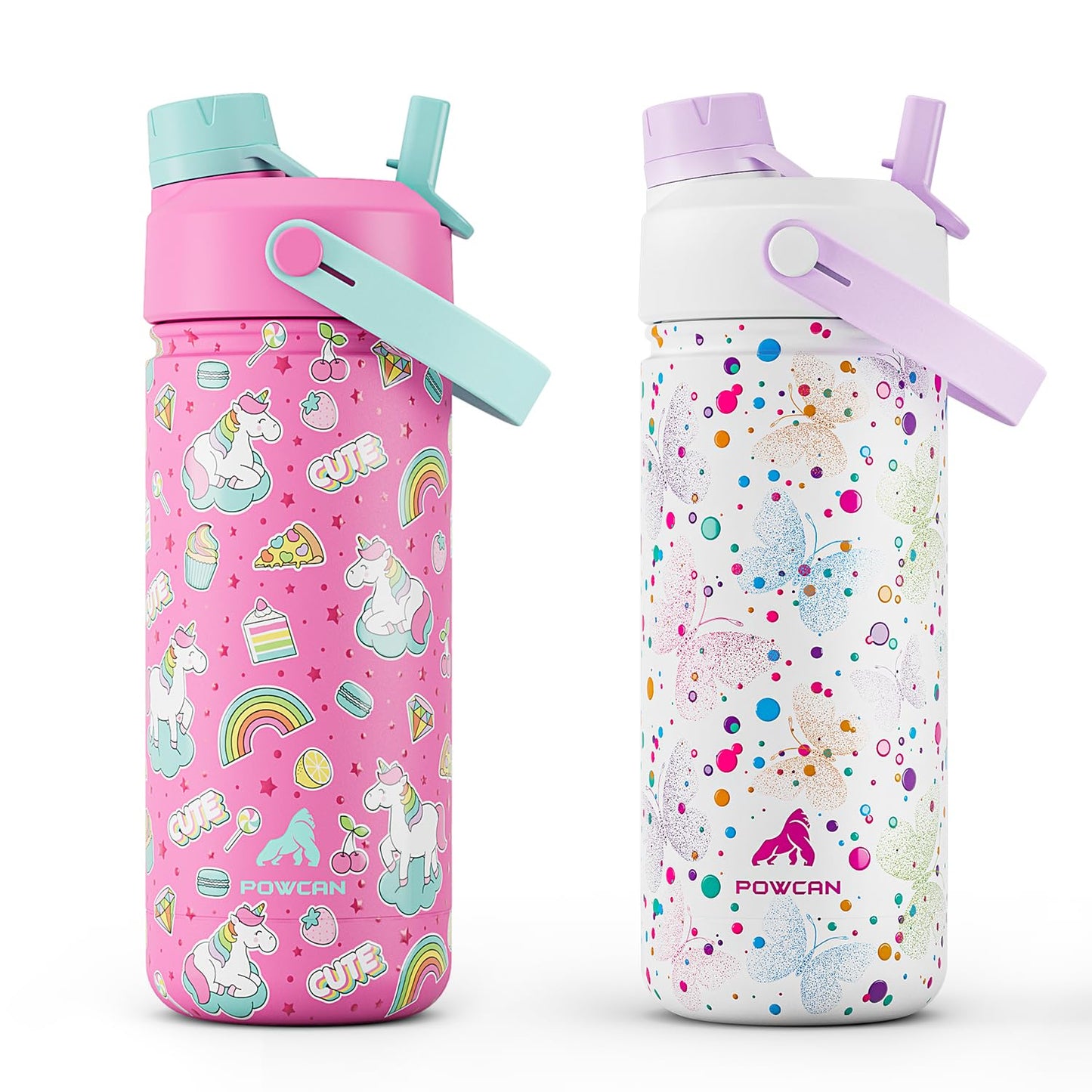 POWCAN 2 Pack 18 oz Kids Insulated Water Bottle for School: Leakproof, 2-in-1 Straw Spout Lid, BPA-Free, Keep Cold 24 Hrs, Stainless Steel Cup for Sports, Travel, Gift for Girls Boys Daughters Sons