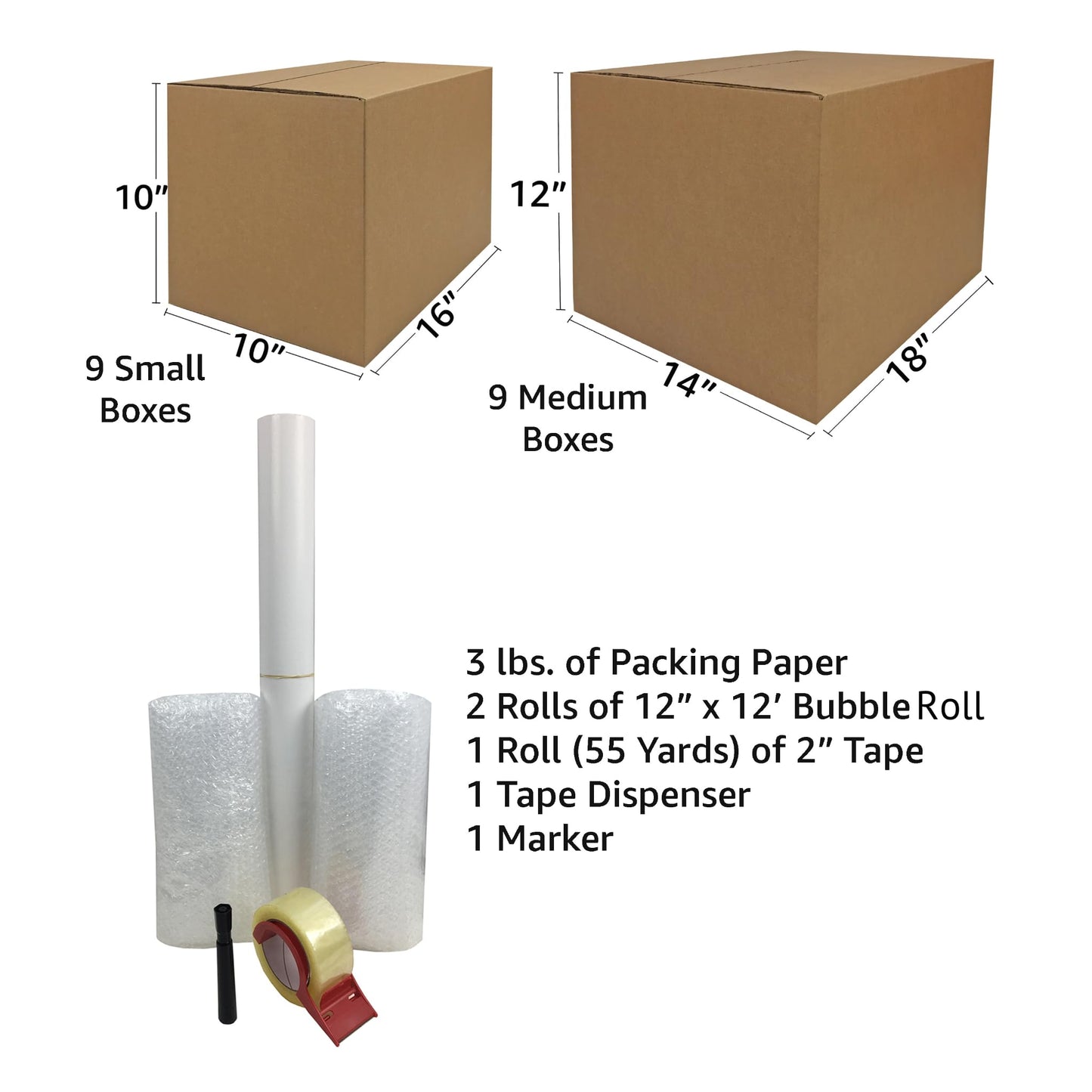 UBMOVE Basic Moving Boxes Kit #1, 1 to 2 Bedroom Kit, 18 Boxes and Supplies, Small Spaces Moving Kit, Packaging & Storage Boxes, Bubble Roll, Tape, Packing Paper, Apartment Moving Supplies