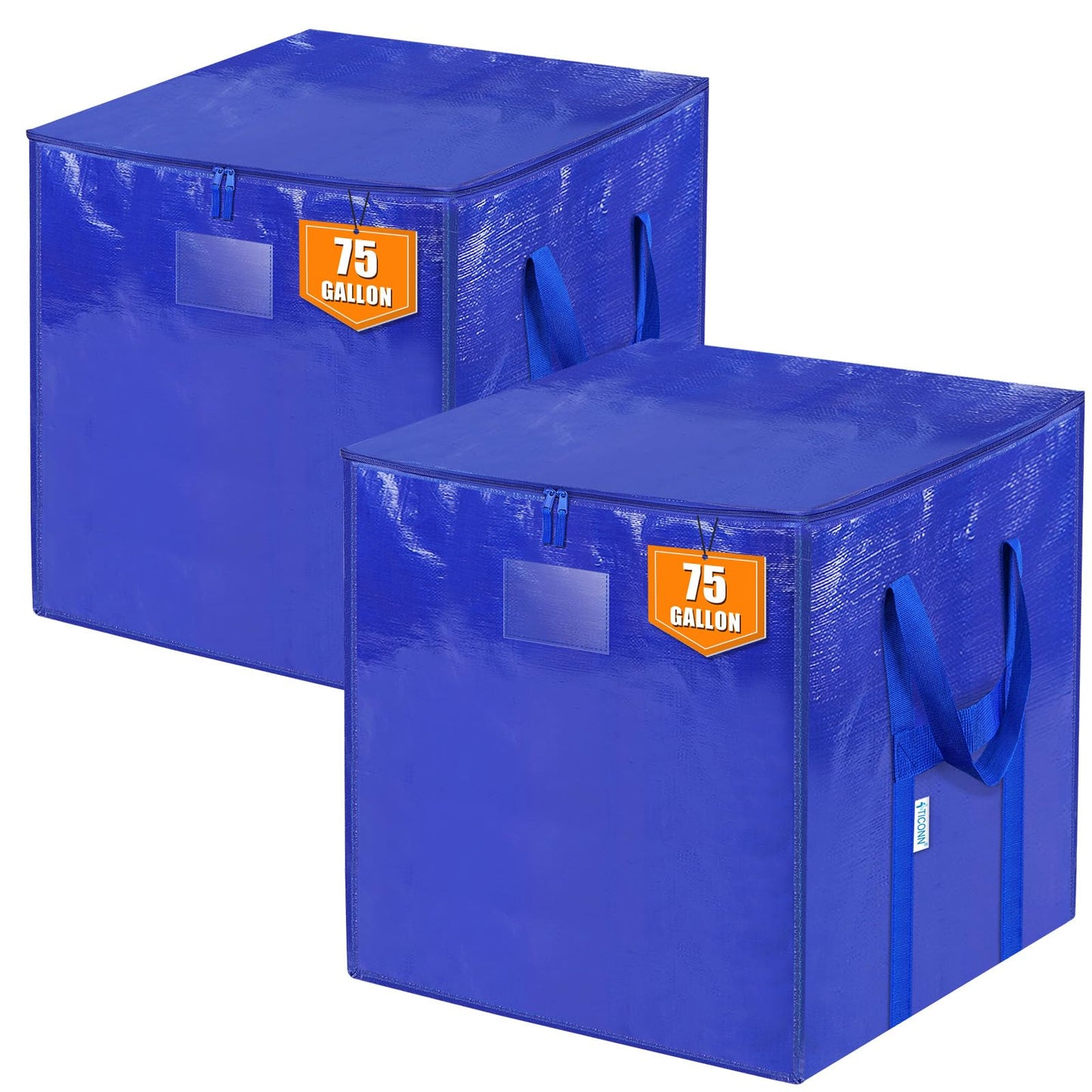 TICONN 2 Pack Extra Large Moving Bags with Zippers & Carrying Handles, Heavy-Duty Storage Tote Moving Boxes for Space Saving (2 PK, 75 Gallon)
