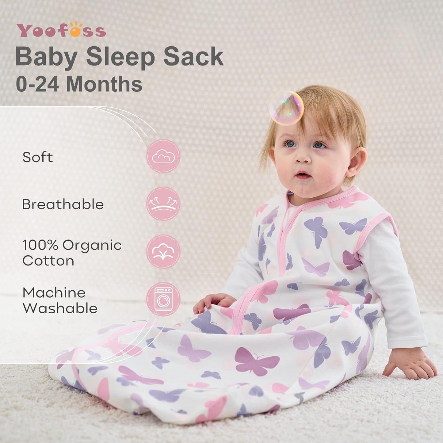 Yoofoss Baby Sleep Sack - 100% Organic Cotton Wearable Blanket | 0-6 Months, 2-Way Zipper, 3 Pack