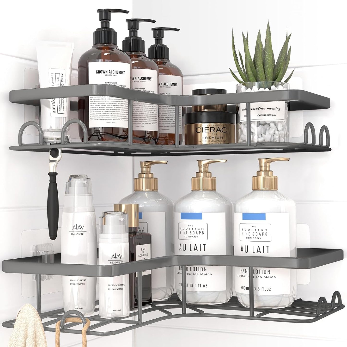 Sakugi Corner Shower Caddy - Rustproof Stainless Steel Organizers with 8 Hooks | No-Drill, Space-Saving Design, Grey, Large