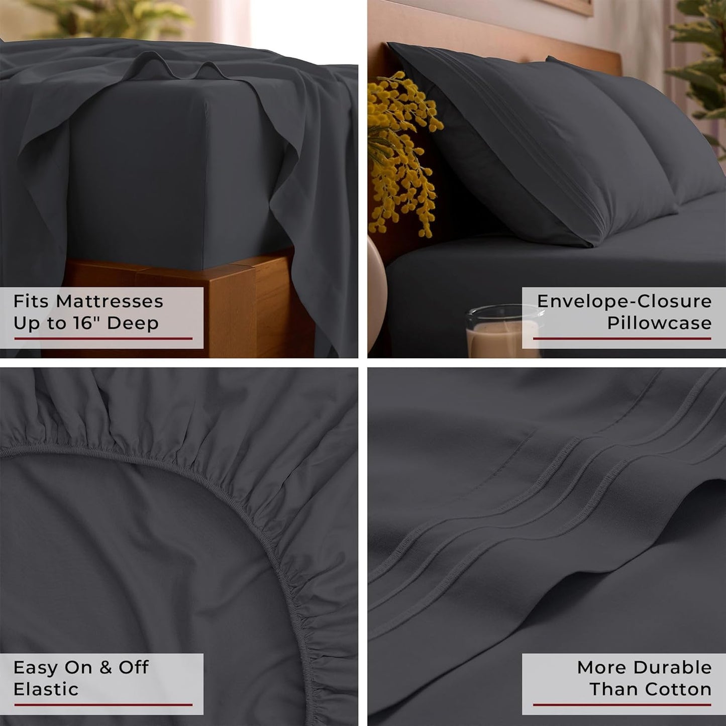 Mellanni Queen Sheets Set - 4 PC Hotel Luxury Bedding | Extra Soft, Cooling, Wrinkle-Resistant (Charcoal)