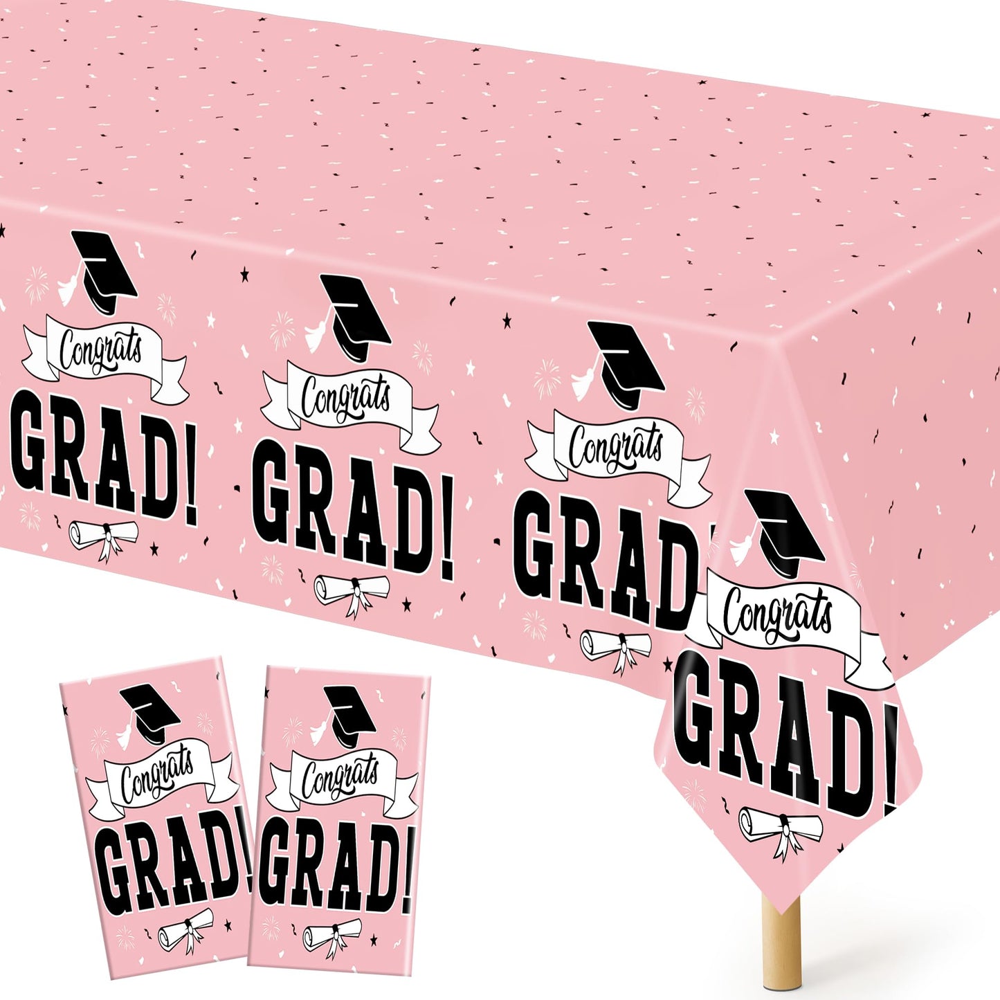 QZYL 2 PCS Graduation Tablecloth, 108" X 54" Pink Graduation Decorations 2026, Disposable Plastic Tablecover for Class of 2026 Congrats Grad, Rectangle Table Cloths for Grad Decor Party Supplies
