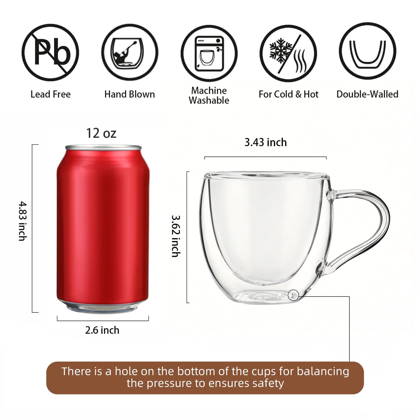 CNGLASS Double Wall Glass Coffee Mugs with Handle,10oz Clear Insulated Glass Espresso Cups for Hot and Cold Beverages,Latte,Cappuccino,Set of 2