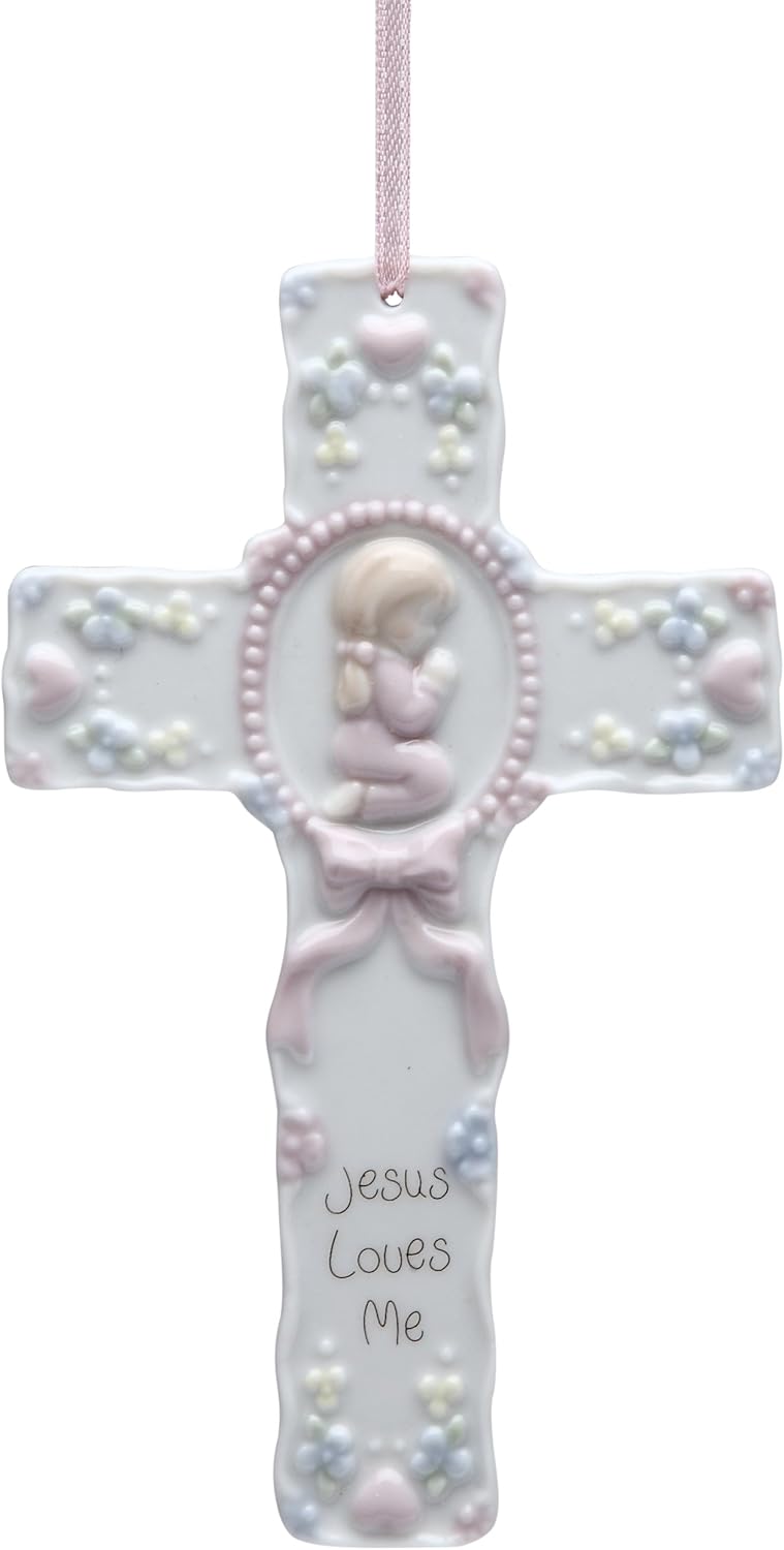 Jesus Loves Me Ceramic Christmas Ornament Cross - 5.5" Girl Decoration