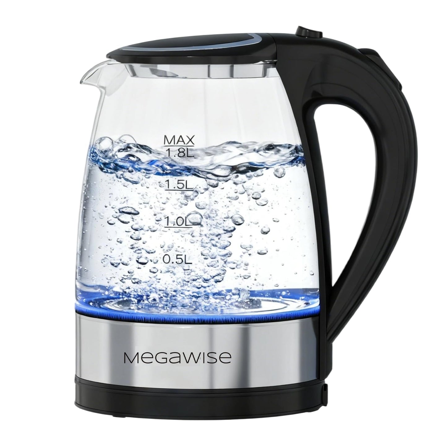 Megawise Electric Glass Kettle with Auto Shut-Off, BPA-Free, Stainless Steel Inner Lid & Base, Blue LED Indicator, Easy Clean, Cord Storage (1.8L)