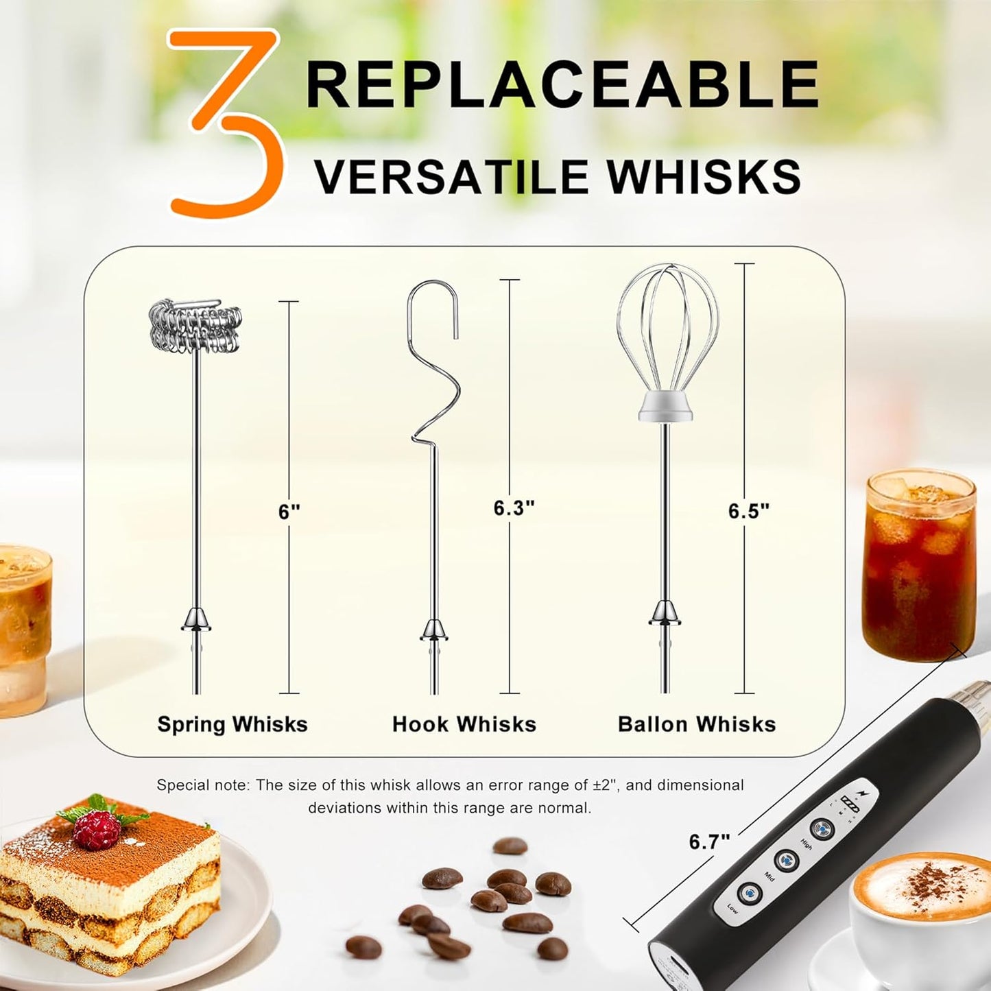 YUSWKO Handheld Milk Frother Wand - Rechargeable Electric Whisk with 3 Heads & 3 Speeds | Perfect for Latte, Cappuccino & Hot Chocolate