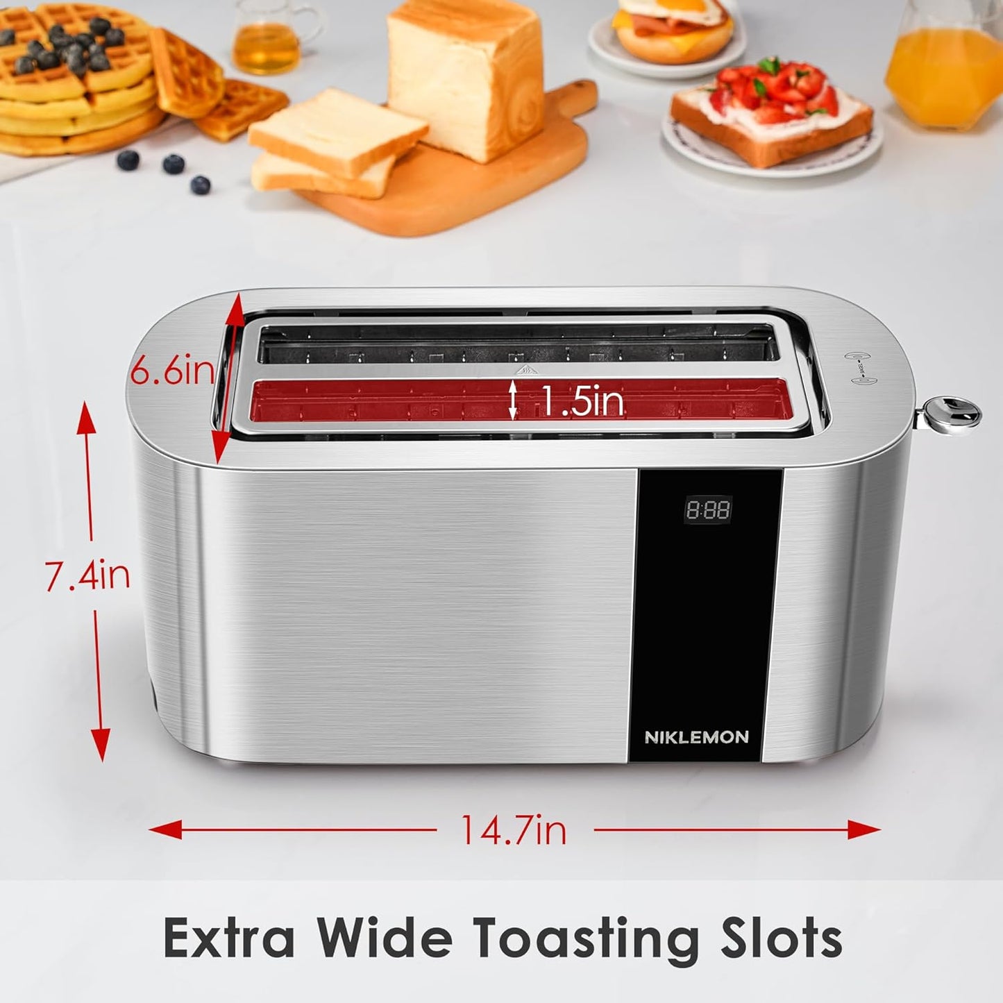 NIKLEMON Stainless Steel 4-Slice Toaster - LED Display, Extra Wide Slots, 1300W Power | Bagel & Defrost Functions