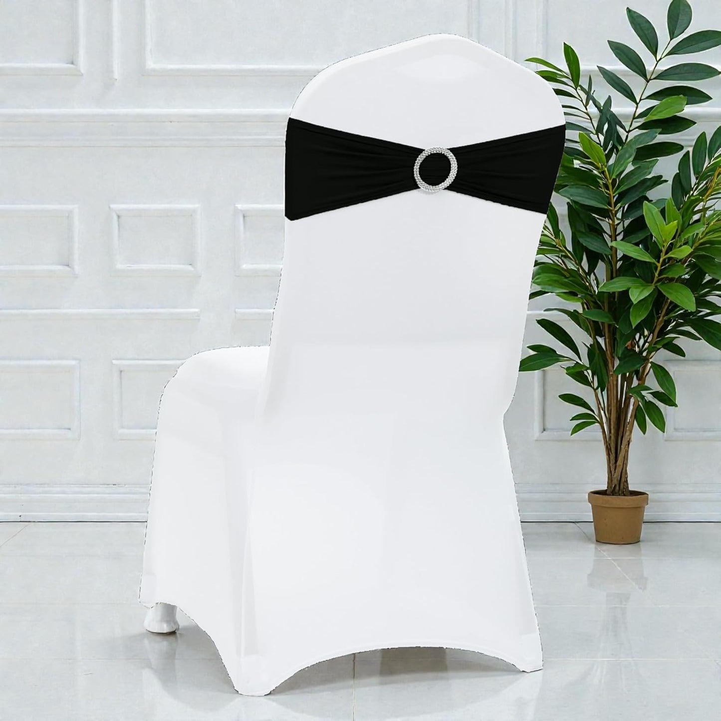 MDS Spandex Chair Sashes - Pack of 150 Elastic Stretch Bows with Buckle Slider for Wedding Decor | Black
