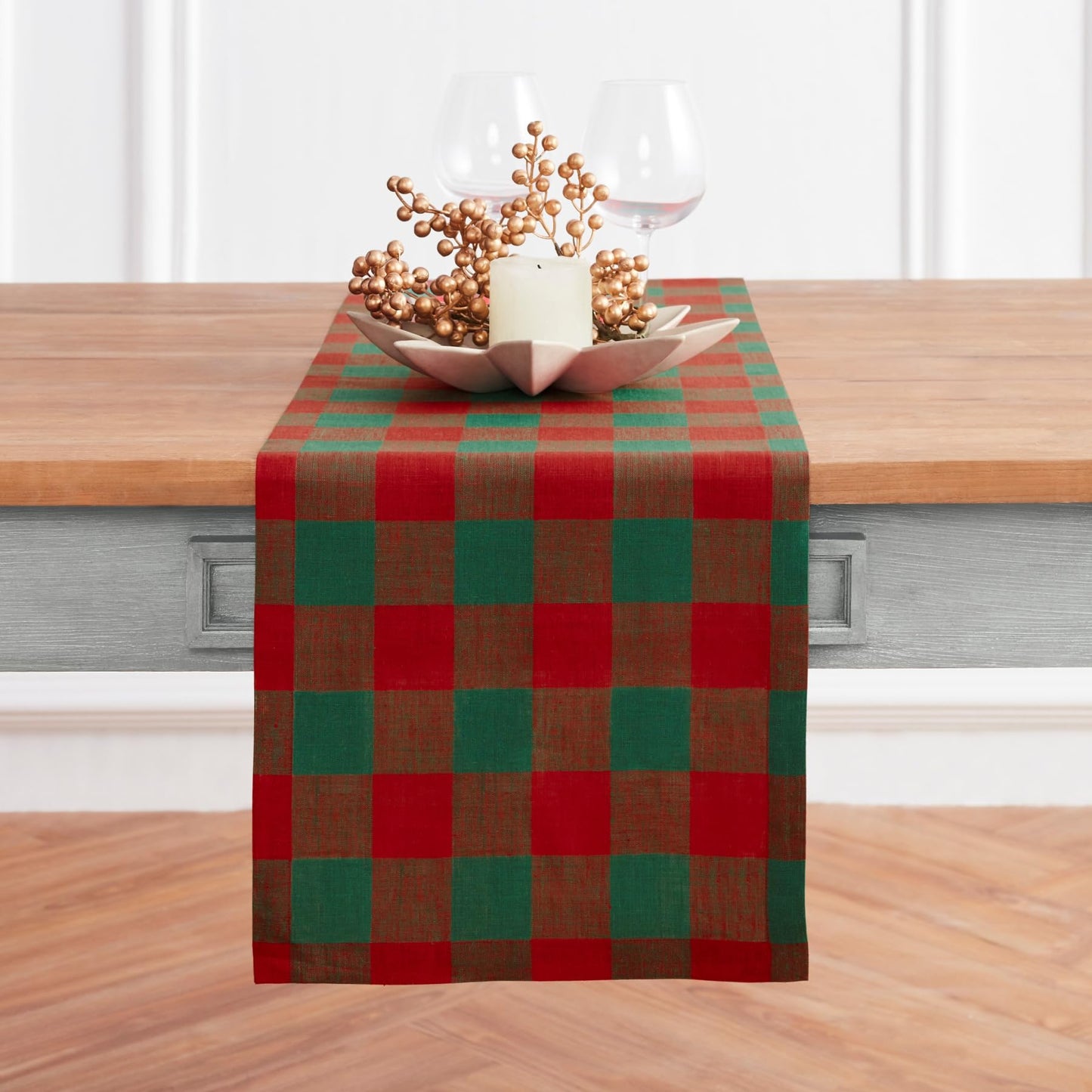 Solino Home Linen Checkered Table Runner 108 Inches Long - 100% Pure Linen Red and Green Buffalo Check Table Runner 14 x 108 Inch Ideal for Dining