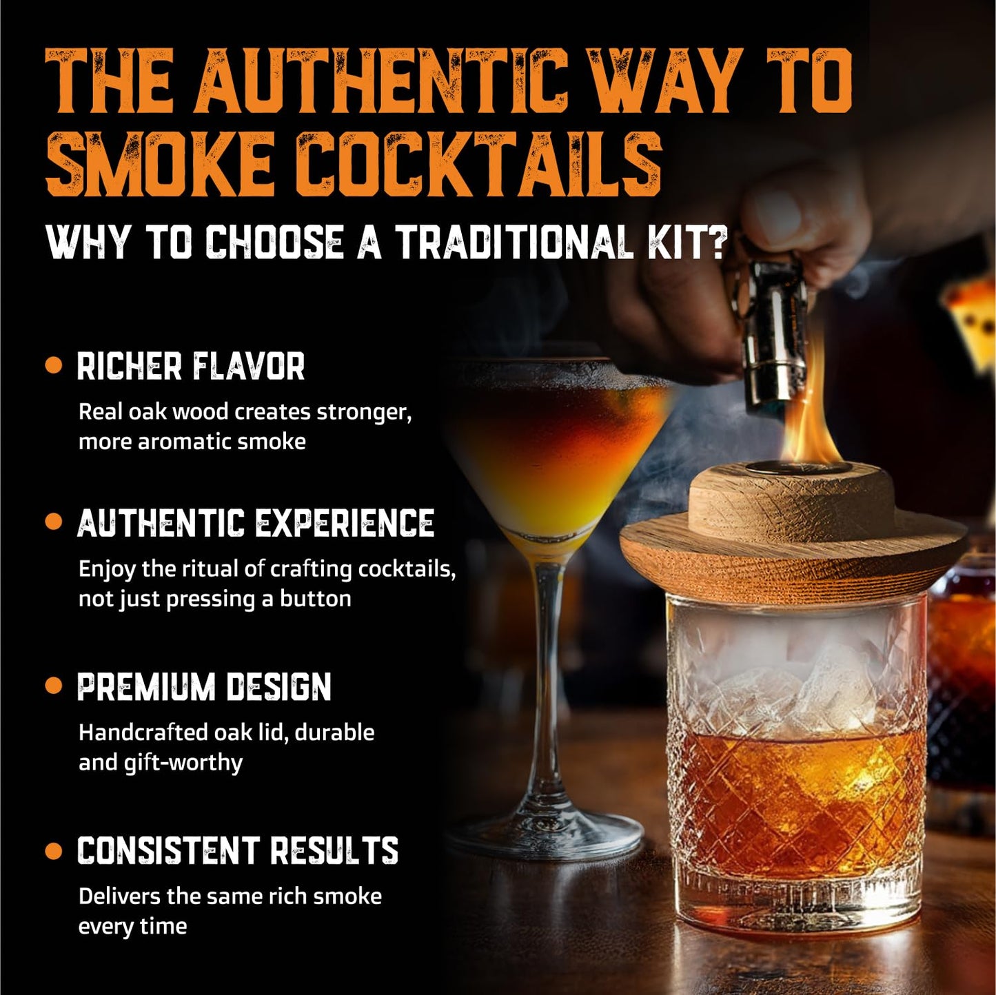 Whiskey Cocktail Smoker Kit with Torch, Old Fashioned Syrup & 8 Flavors Wood Chips - Premium USA Oak Smoker - Old Fashioned Smoker Kit - Bourbon Gifts for Men (with Butane)