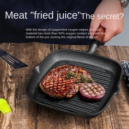 9 Inch Nonstick Grill Pan for Stove Tops, Versatile Uncoated Non-stick Surface Pan, Cast Iron Steak Pot, Indoor & Outdoor Grilling, Free Clips and Oil Brushes