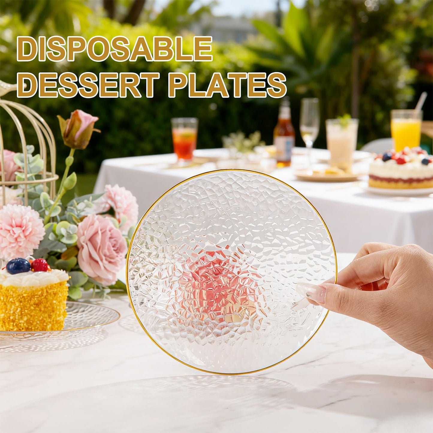 Rubtlamp 100 Pack Clear Gold Plastic Dessert Plates, 6Inch Clear Gold Small Appetizer Plates With Hammered, Heavy Duty Disposable Salad Plate, Elegant Cake Platos for Wedding, Birthday, Teatime